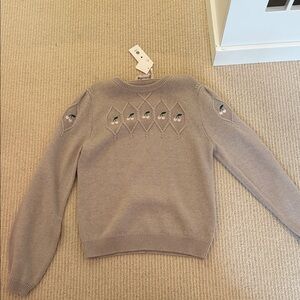 Bonpoint Taupe Crewneck Sweater with Embroidered Floral Motif